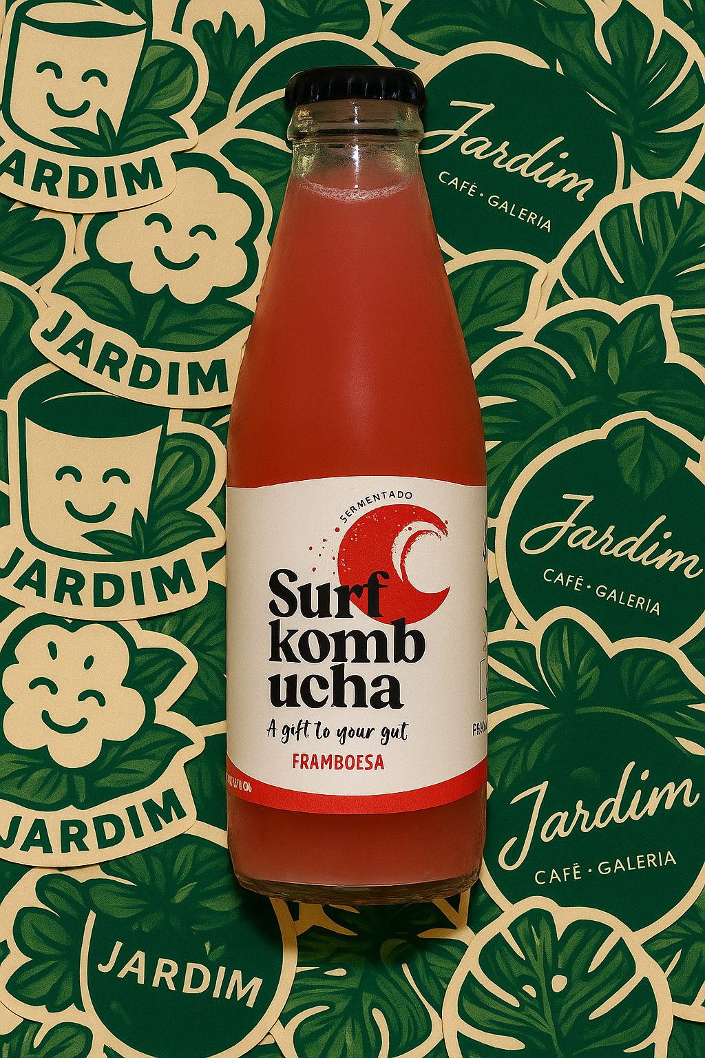 Product photo of a kombucha bottle over patterned leaves