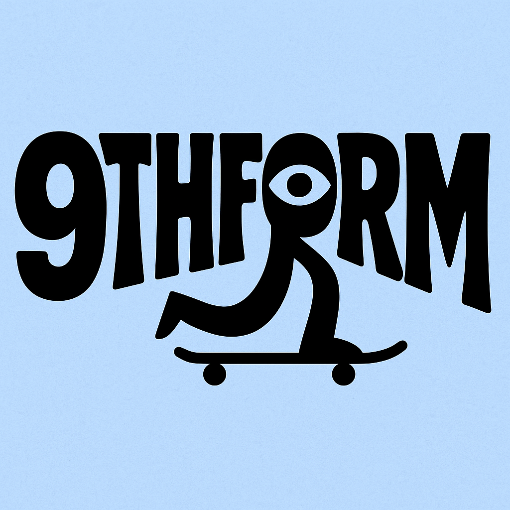Illustration of stylized character on skateboard forming the 9thform logo
