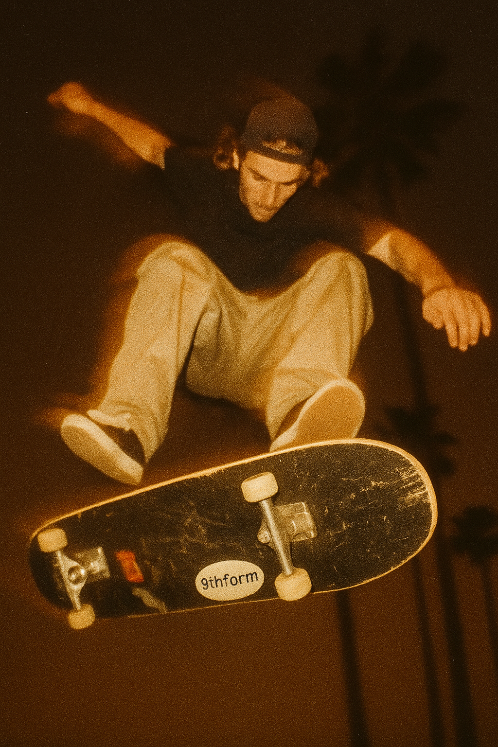 Photo of skateboarder performing a trick at night with 9thform sticker on skateboard