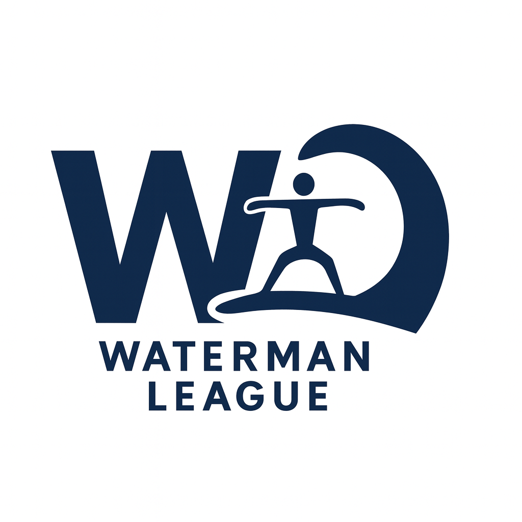 Logo for Waterman League with stylized wave and figure